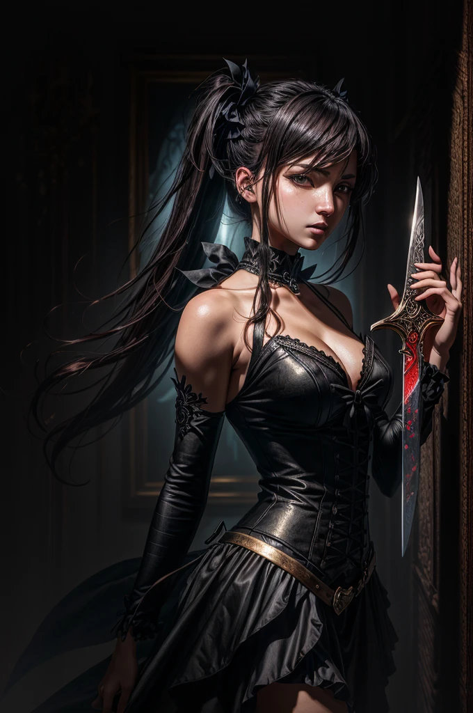 realistic, photorealistic, detailed, hyper detailed, dark fantasy, gothic, anime, magical girl, big sword, twin tails, 8k, high resolution, cinematic lighting, dramatic lighting, chiaroscuro, moody, emotive, atmospheric, painterly, digital painting, concept art, masterpiece