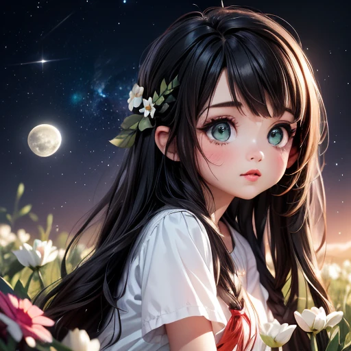 Masterpiece, best quality, 8K Wallpaper, HDR, octane rendering, 1 girl wearing white cropped t-shirt, black shorts tights sitting, (body with perfect anatomy, perfect natural texture, high details, glowing skin), top view low overlooking the sky and nature, BREAK (full moon: 1.2), (shooting star: 0.9), (nebula: 1.3), volumetric lighting, (Iridescent: 1.2), (bright lighting, atmospheric lighting), dreamers, magical, bright colors, distant mountain, BREAK Girl has (messy long hair, black hair, hair color:1.4), (Beautiful and detailed green eyes, eyes with perfect symmetry), (beautiful and detailed face with perfect symmetry), stop in a field of flowers, looking back, looking at the viewer, detailed illustration.