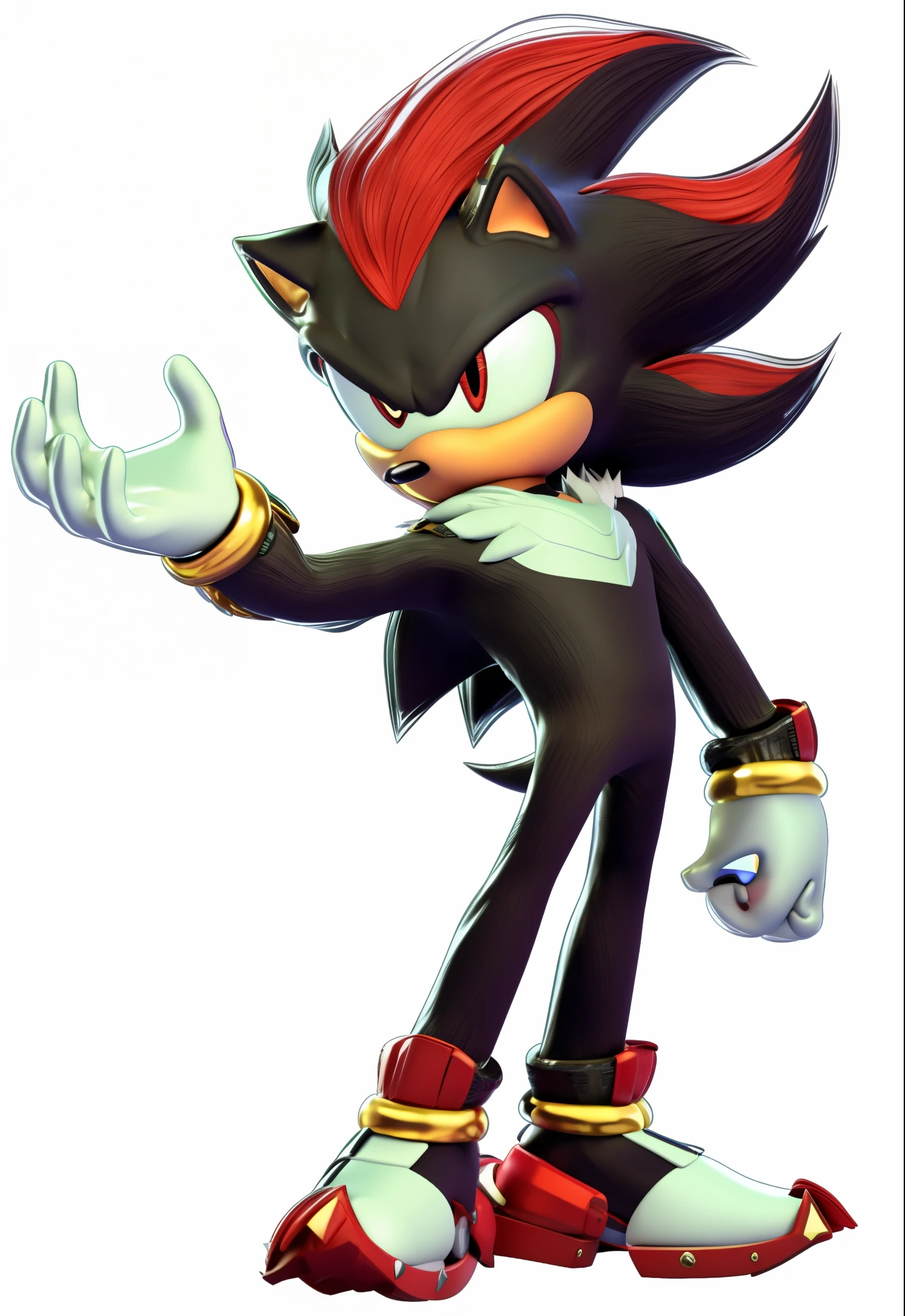 enerjakpower_3 egyptian god with MASK GOLD ARMOR ((mask armor, chest armor, skirt armor )) shadow the hedgehog character , sonic series, standing, black fur, holding a gun, res strips in the hair, spikes hair, furry, angry face, 3d, render , 3d model