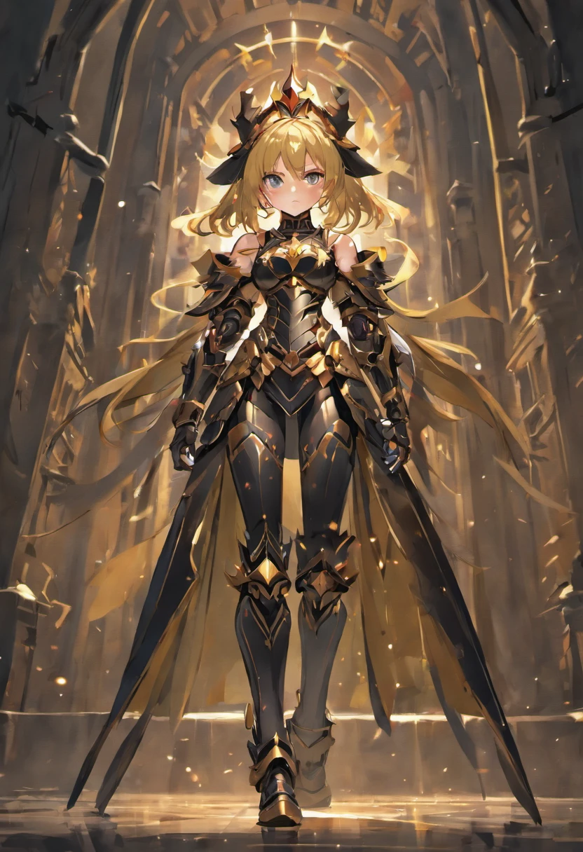 (((masterpiece, best quality, 8k))) Design a layout showcase Gaming character, (1girl),((perfect face, high detailed face)). Black+Gold clothes, opulent and dark, ((showcase weapon:1.4)), cursed blade, (masterpiece:1.2), (best quality), 4k, ultra-detailed, (Step by step design, layout art:1.5), (gloomy lighting, cursed atmosphere), dark knight, ((cursed gloves)), (((revealing armor:1.3))), dark vambraces, cursed boots, (((full_body_shot:1.4)))