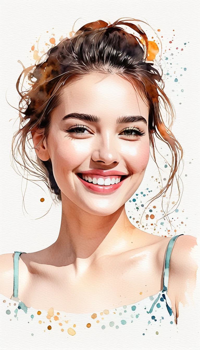 chica sonriendo arte moderno, minimalismo, contemporary elegance, dreamcore, moda elegante , fusion of watercolor and digital illustration, colores limpios, minimalistas y vibrantes