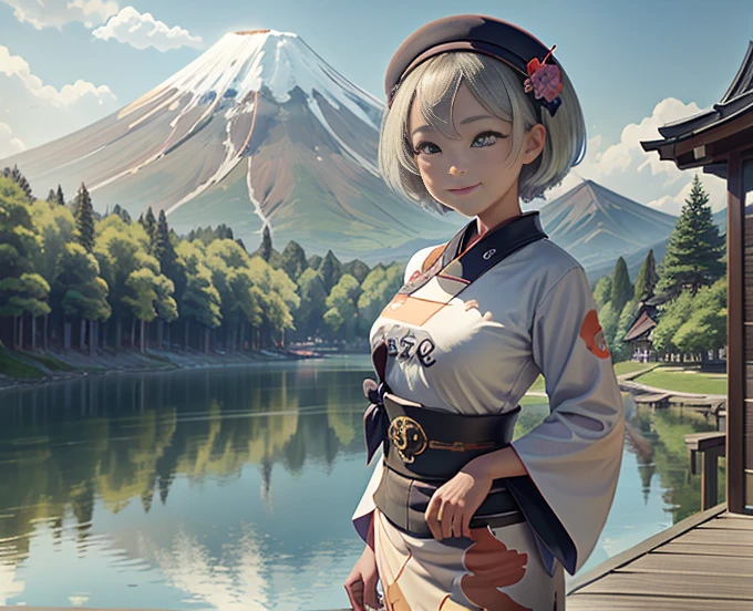 highest quality、Lakeside in front of the mountain、Mt fuji、summer、Daytime、Beautiful blue sky、outside of home、Young girl、Smile on the screen、Detailed beauty、picnic、Open the parasol、kimono、taisho roman 