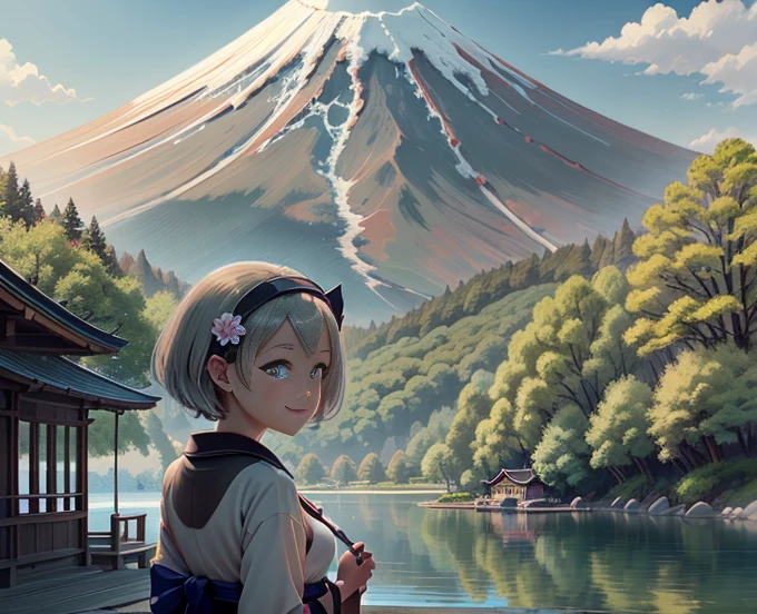 highest quality、Lakeside in front of the mountain、Mt fuji、summer、Daytime、Beautiful blue sky、outside of home、Young girl、Smile on the screen、Detailed beauty、picnic、Open the parasol、kimono、taisho roman