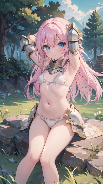 (masterpiece:1.2), (highest quality:1.2), perfect eyes, perfect face, perfect lighting, middle ages, grassland, Rock Shade, , 1 boy, Pink Hair, Iris, Semi-long hair, Small breasts, ((((white bikini armor)))), arms behind head, scared
