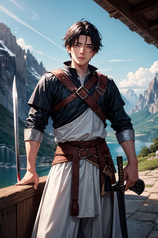 A boy his twenties, with black hair and black eyes, living in a mountain with a beautiful skyline, carrying a sword on his waist, and living in medieval times.