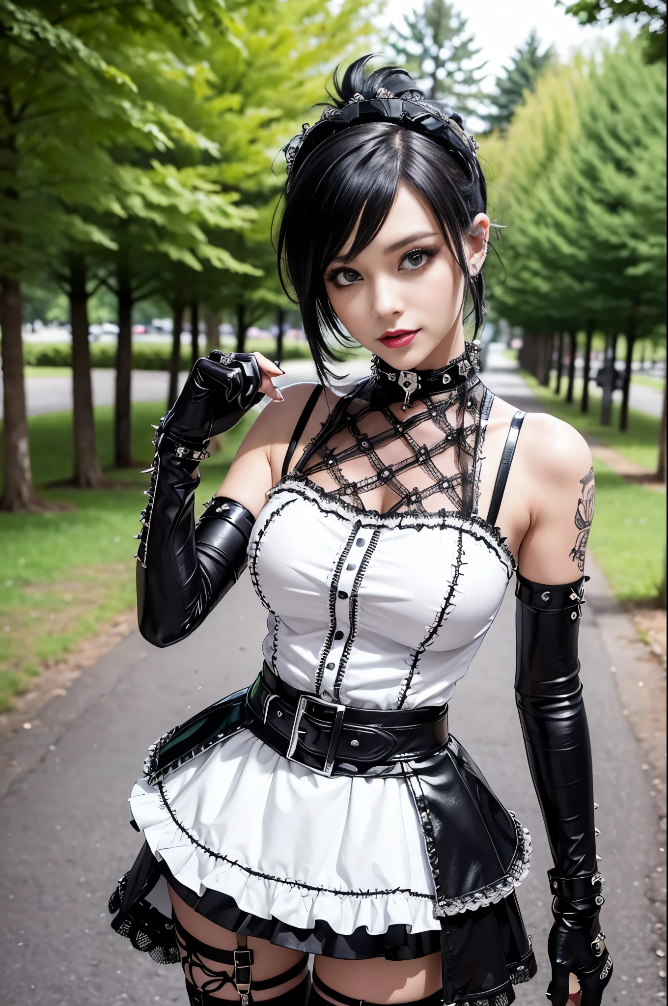 sexy stylish female model, only 1 female, ((doll-like appearance)), long stylish hair, ((shiny Punk-Style boots)), (beautiful smile), ultra detailed eyes, Punk makeup, lipgloss, ((sexy Punk Lolita cosplay)), unconventional skirt, petticoats, high neckline, ((ultra detailed lace)), ((ultra detailed embroidery)), intricate details, tartan patterns, safety pins, Punk Lolita accessoires, short black gloves, Punk Lolita choker, ((large sparkling Punk Lolita jewelry)), cinematic light, detailed large park background with trees