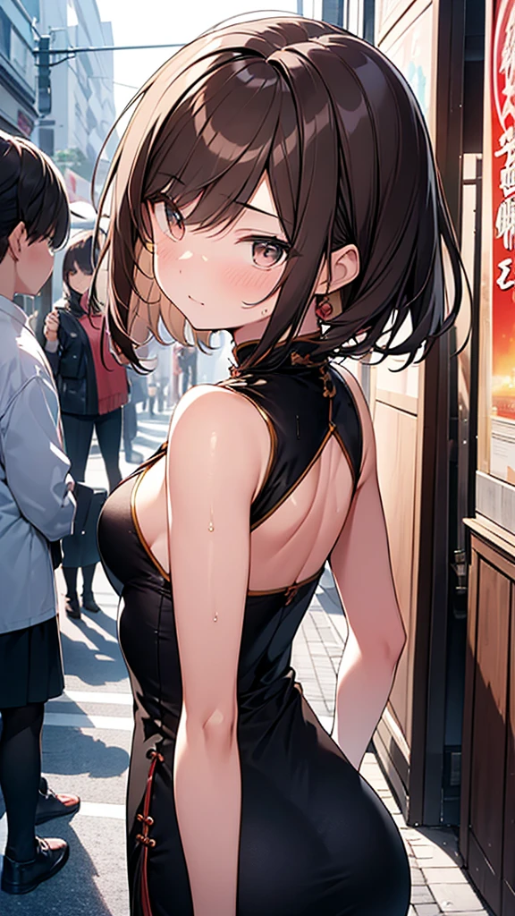 Portrait of a Woman ,20 years,Chinese,Upper Body,Chinese clothes,Shanghai Street,Cinema Lighting,Fighting Pose, (Short brown hair), Wet Hair,Staring at us from the front,Beautiful brown hair, Clear brown eyes, Slightly chubby,Small breasts,The butt is small