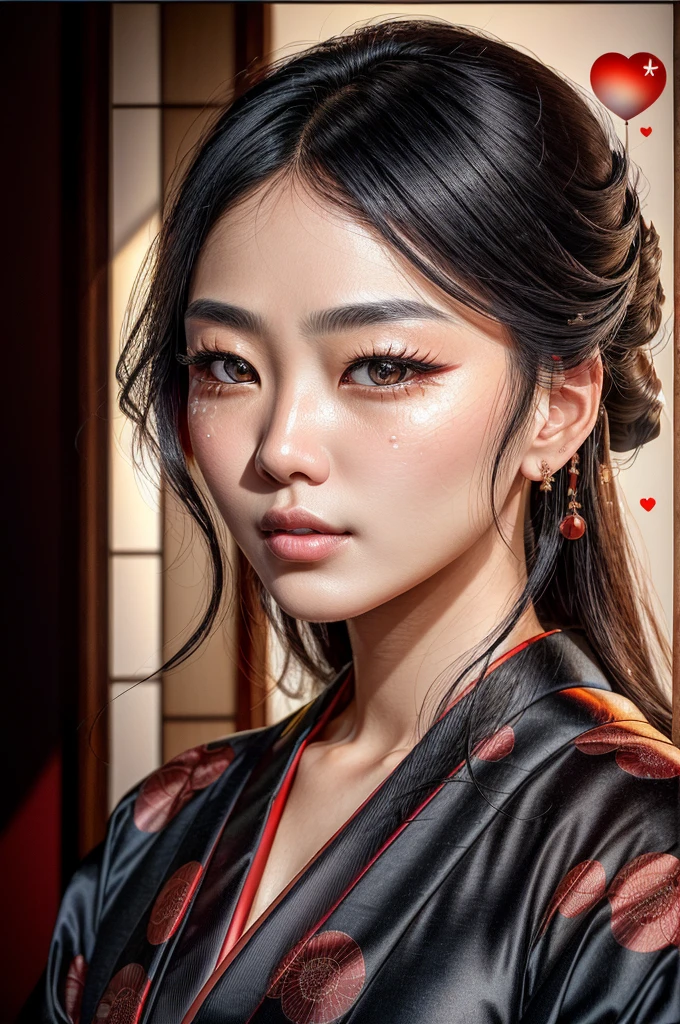 (a beautiful japanese woman with long black hair wearing a traditional japanese kimono, extremely detailed face and eyes, realistic skin with pore details, sharp focus, 8k, best quality, masterpiece:1.3, photorealistic, cinematic lighting, stunning beauty, heart-shaped face, elegant posture, serene expression, film-like quality, korean actress)