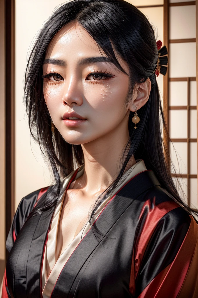 (a beautiful japanese woman with long black hair wearing a traditional japanese kimono, extremely detailed face and eyes, realistic skin with pore details, sharp focus, 8k, best quality, masterpiece:1.3, photorealistic, cinematic lighting, stunning beauty, heart-shaped face, elegant posture, serene expression, film-like quality, korean actress)