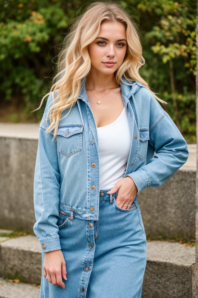 gorgeous young white woman,21 y.o, sweet face,yellow eyes,downturned eyes,heart shaped lips,straight eyebrows,raised nose,round face,((long shot)) Blonde influencer with natural wavy long hair,Kombiniere klassische Streetwear-Elemente wie Sneaker, Hoodies or jeans with high-quality accessories such as a designer handbag or a luxury watch, um einen modernen und dennoch edlen Look zu kreieren, extravagant , 8k, extremely detailed, Fotorealistisch, komplizierte Details, realistische Hauttextur, realistische Haare, Textur, Cheerful, 8k uhd, Best quality, high resolution, Detailgenauigkeit, very big breasts, long shot, weitwinkel, Ukrainian Woman by the Sea , Dynamic Prompts for Dress Type ,Hair color and Dress Color