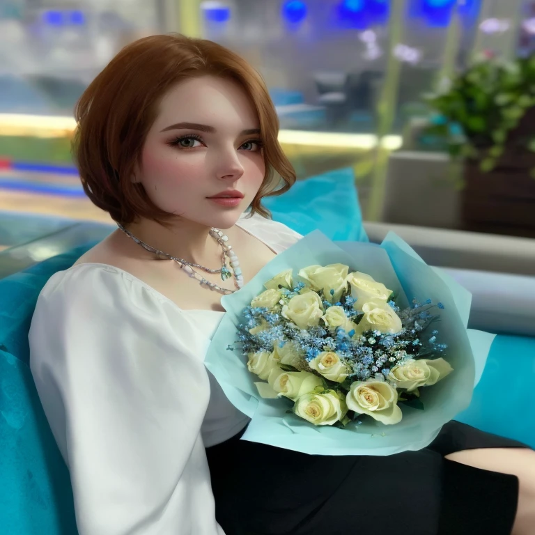there is a woman sitting on a couch holding a bouquet of flowers, with flowers, 1614572159, sitting with flowers, female portrait with flowers, with frozen flowers around her, olya bossak, 2654465279, roses in hands, 8k)), yelena belova