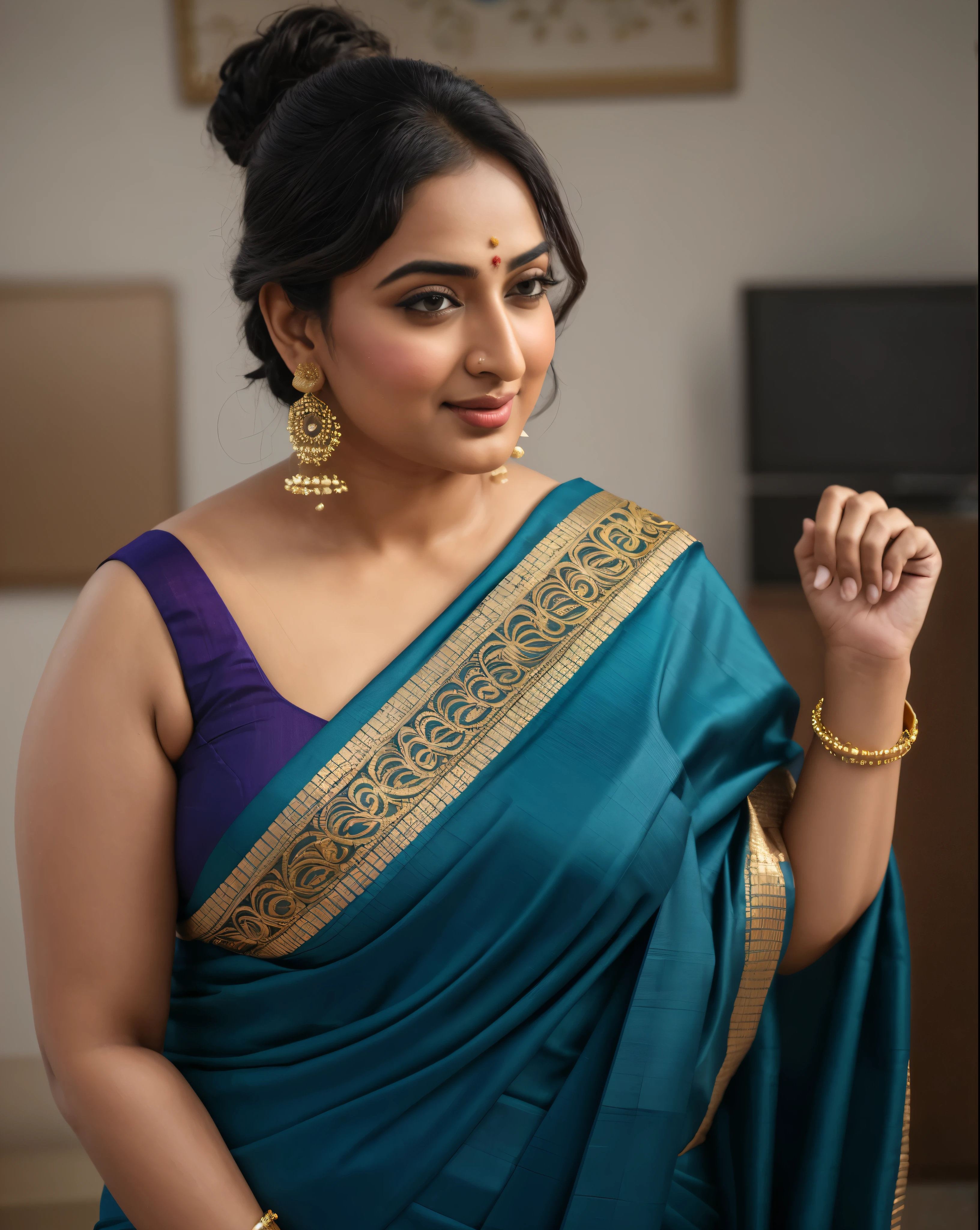 Foto RAW, photorealistic, photography, full body shot, master shot, perfect eyes, goddess like beauty, pierced eyes, perfect thick chubby mallu Desi aunty bhabhi, Wearing a Stanapatta, a chest-band.Saree model, model Photography, Indian saree shoot, Indian traditional wear advertising photography, traditional wear brand shoot, face of Indian actress Sonakshi Sinha, masterpiece, realistic, realism, incredible details, pleasure, photorealism, detailed skin, skin pores, high contrast, photorealistic Artstation 8k HD digital art trend of high definition and detailed realistic skin texture, ultra detail, realistic skin texture, armature, best quality, ultra high definition, (photorealistic:1.4),, high resolution, detail, raw photo, sweat, Re sharp, by Lee Jefferies Nikon D850 Film Stock Photo 4 Kodak Portra 400 Camera F1.6 Lens Rich Color Ultra Real Realistic Realistic Textures Dramatic Lighting Unreal Engine Trending at Art Station Cinestill 800,(pele altamente detalhada: 1.2), 8k UHD, DSLR, soft-lighting, alta qualidade, grain of film, Fujifilm XT3,she didn't like to wear blouse or bra, she is happy to wear only saree, she hates blouse or bra, detailed hairy armpits, hyper realistic skin, skin pores, sweat, veins,