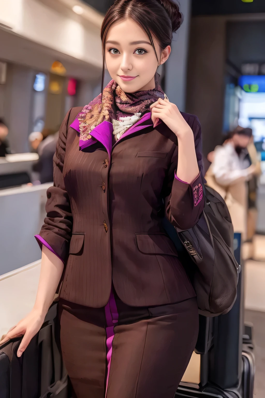 (masterpiece:1.2、highest quality:1.2)、32K HDR、High resolution、(alone、1 girl、Slim figure)、（A realistic reproduction of the ETIHAD Airways Cabincrew Uniform）、 (At the airport counter, Professional Lighting)、Airport counter wall background、A proper woman, Beautiful Face,、（Long sleeve ETIHAD Airways Cabincrew Uniform）、（ETIHAD Airways Cabincrew Uniform skirt with purple stripe on the front）、（scarf on chest）、Big Breasts、（Long Hair Up、Hair Bun）、Dark brown hair、Long Shot、（（Great hands：2.0））、（（Harmonious body proportions：1.5））、（（Normal limbs：2.0））、（（Normal finger：2.0））、（（Delicate eyes：2.0））、（（Normal eyes：2.0））)、Beautiful standing posture、smile、Place your hands around your stomach