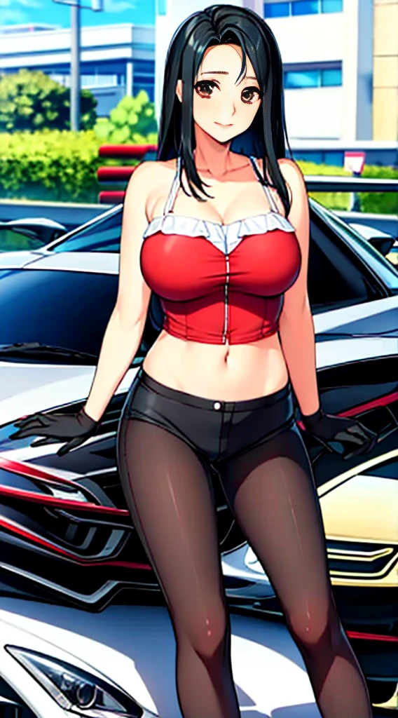 Natsuko Masaki | Doukyuusei Remake, masterpiece, best quality, a woman in a campaign girl outfit and high heels is standing poses for a camera next to the racing car at the racing circuit, 1girl, solo, short skirt, midriff, sleeveless shirt, high heels, breasts, black and red shirt, gloves, navel, spread legs, jewelry, cleavage, smile, circuit background, long straight hair, black hair, brown eyes, left forehead hairstyle, long-slitted and narrow eyes, slender face, medium breasts, slender body, beautiful tits, beautiful ass