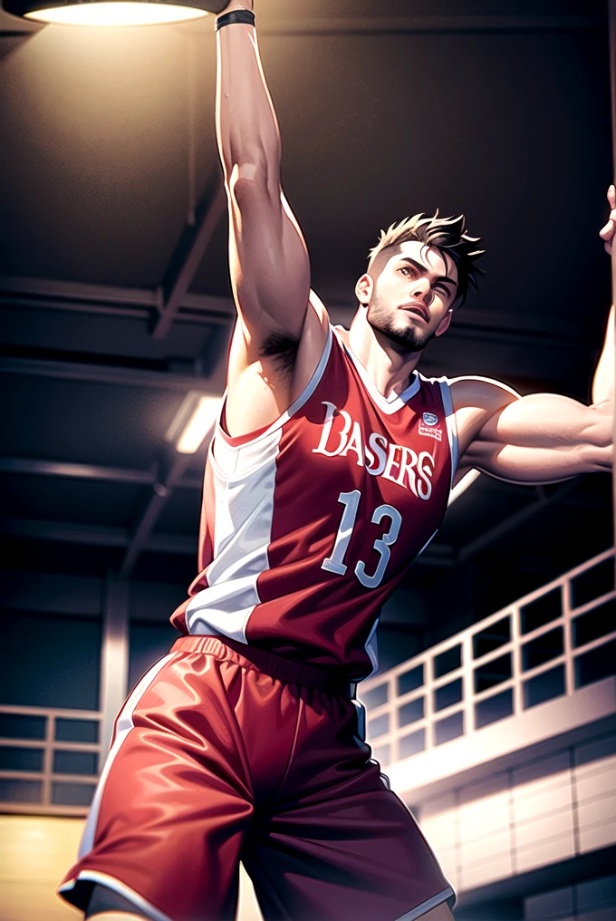 1 man with muscular physique in basketball uniform, detailed face, rugged handsome features, intense expression, dynamic action pose, basketball court background, dramatic lighting, cinematic composition, high-quality 3d render, photorealistic, dslr camera, cinematic color grading, dramatic shadows