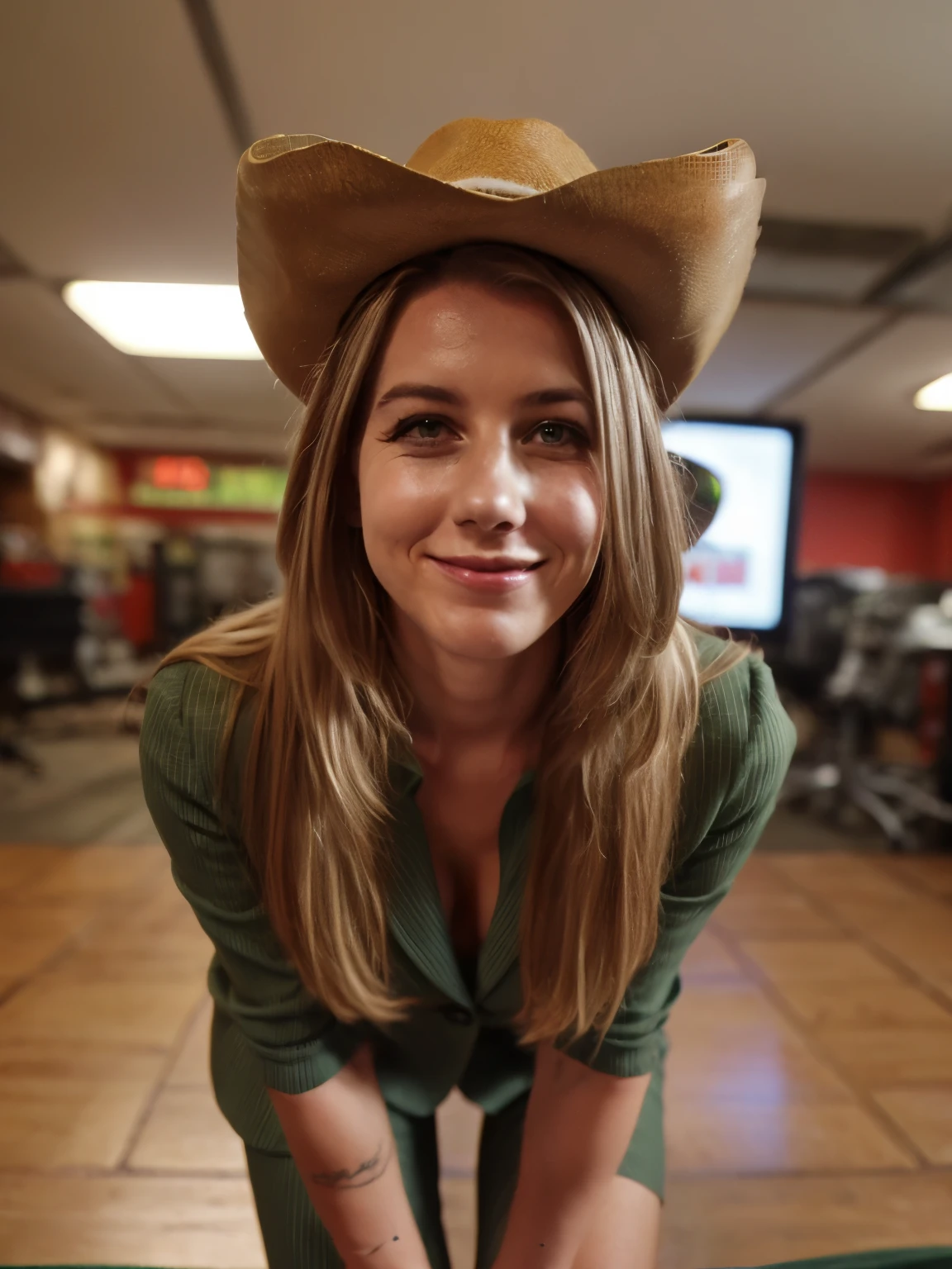 (cowboy shot:1.2), Hayley Grice LaGermania with mud-blonde hair with highlights_. smile, hair - green, arranged under voluminous pixies
Dressed in a dark green suit, her face is turned straight, a news anchor