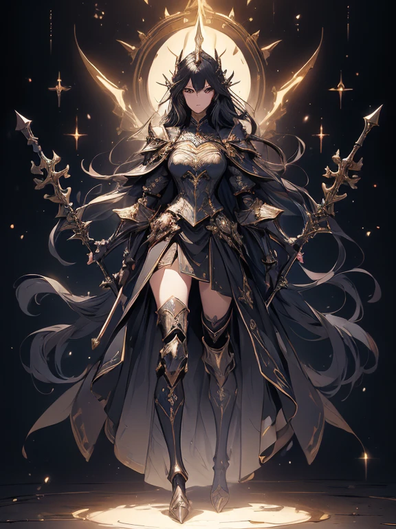 (((masterpiece, best quality, 8k))) Design a layout showcase Gaming character, (1girl),((perfect face, high detailed face)). Golden+Purle clothes, stylish and unique, ((showcase weapon:1.4)), magic staff, (masterpiece:1.2), (best quality), 4k, ultra-detailed, (Step by step design, layout art:1.5), (luminous lighting, atmospheric lighting), magican, ((glove full hands)), (((revealing clothes:1.3))), vambraces, armored legwear, (((full_body_shot:1.4)))