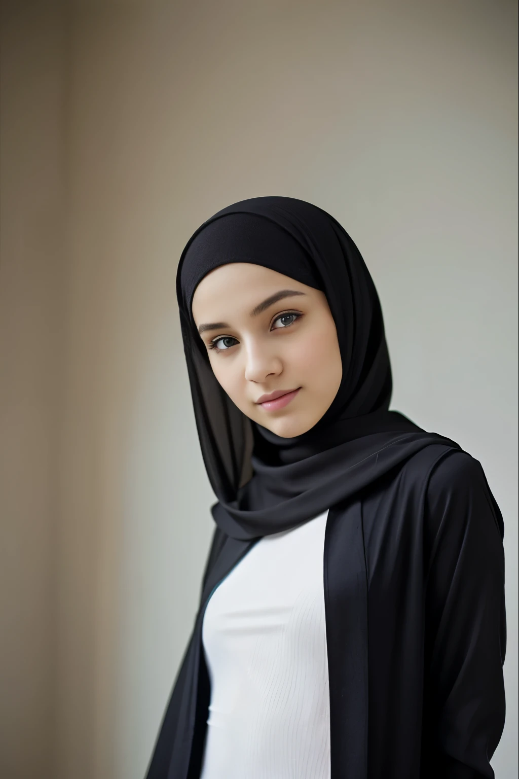 1 girl, skinny, thin, nubile, pretty, pale, gorgeous, posing for picture, , teen, young, youthful, photo lighting, abaya, flirting, melanin, slim, skinny, hijab