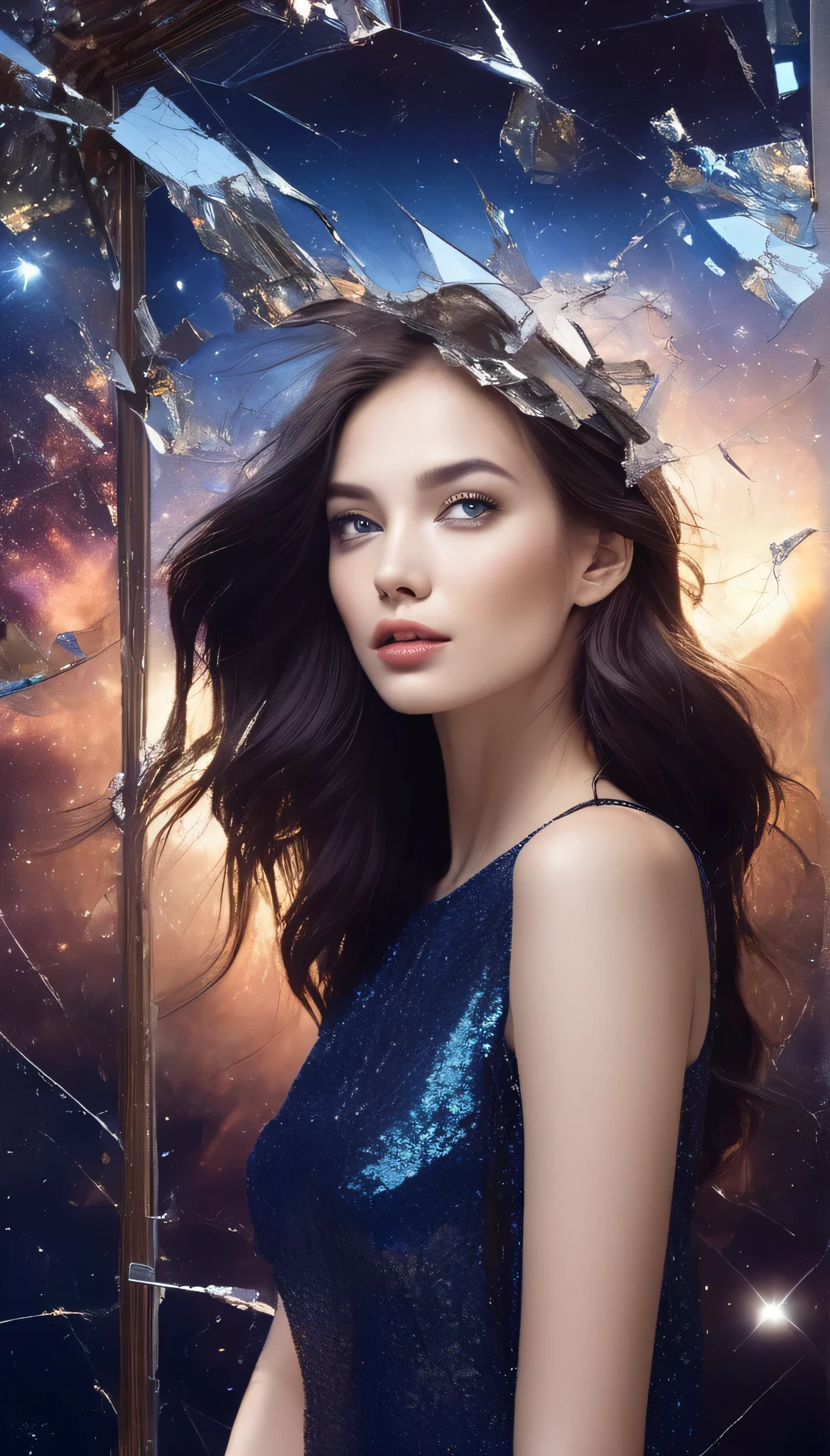 broken Mirrors reflect our fragility; in them,
we see our own inner truths.
stunning girl standing in front of the smashed mirrors and
watching her reflections from thousands of broken mirrors , behind the broken mirrors deep space and stars of huge nebulas replaced , altering our reflection in
the broken mirrors ,dark shadows ,midnight,spot lights , fantastic, crashed mirrors flying around reflecting shapes of body , portrait of a lady , beautiful mesmerizing faces reflecting from broken mirrors at the dark horizon, portrait shot , nebulas and stars at the scenery, dark blue beautiful symmetric eyes ,3D,perfect eyes,extremely detailed face, lifelike photography, ultra high detailed,naughty smile ,high quality ,alluring beauty full body shot ,closeup shot, gorgeous Russian model, awesome action photos, realistic, hyperrealism, fantasy , beautiful fit body, beautiful long legs,