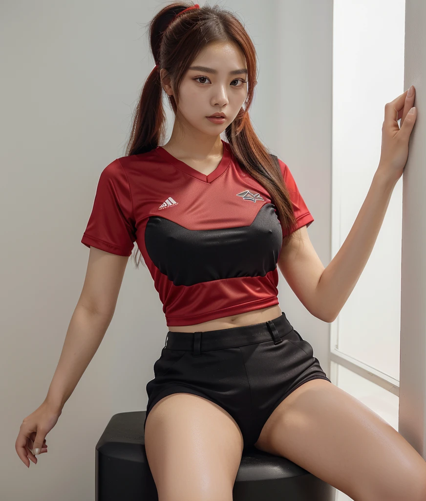 a close up of a woman in a เสื้อแดง and black shorts, gorgeous young korean woman,  Close-up of woman with ponytail blowing up, black shorts,open legs,Large, prominent chest, Wear a volleyball shirt., IG model | RTM germs, in red and black, irelia, Black and Red only, Red dress, Professional sports style, red and black, red and black suit, Tzuyu from two times, red black, black and red silk clothes, Sporty,Wear a volleyball shirt., beautiful south korean woman, Korean girl, Attractive posture,