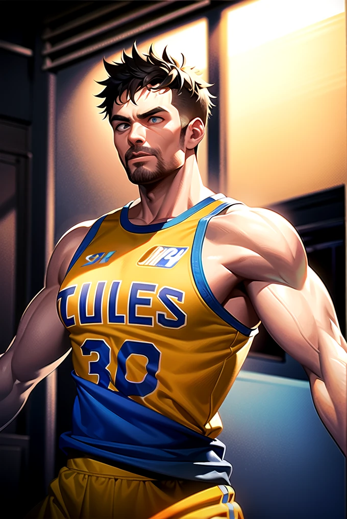 1 man with muscular physique in basketball uniform,golden state warriors uniform,detailed face, rugged handsome features, intense expression, dynamic action pose, basketball court background, dramatic lighting, cinematic composition, high-quality 3d render, photorealistic, dslr camera, cinematic color grading, dramatic shadows
