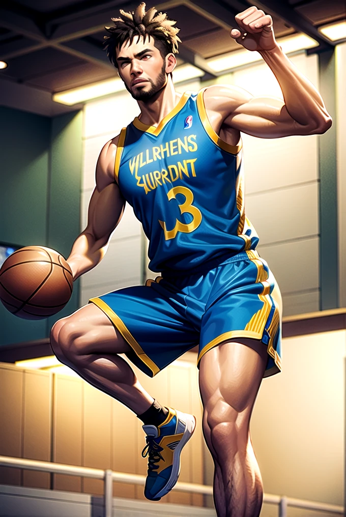 1 man with muscular physique in basketball uniform,golden state warriors uniform,detailed face, rugged handsome features, intense expression, dynamic action pose, basketball court background, dramatic lighting, cinematic composition, high-quality 3d render, photorealistic, dslr camera, cinematic color grading, dramatic shadows