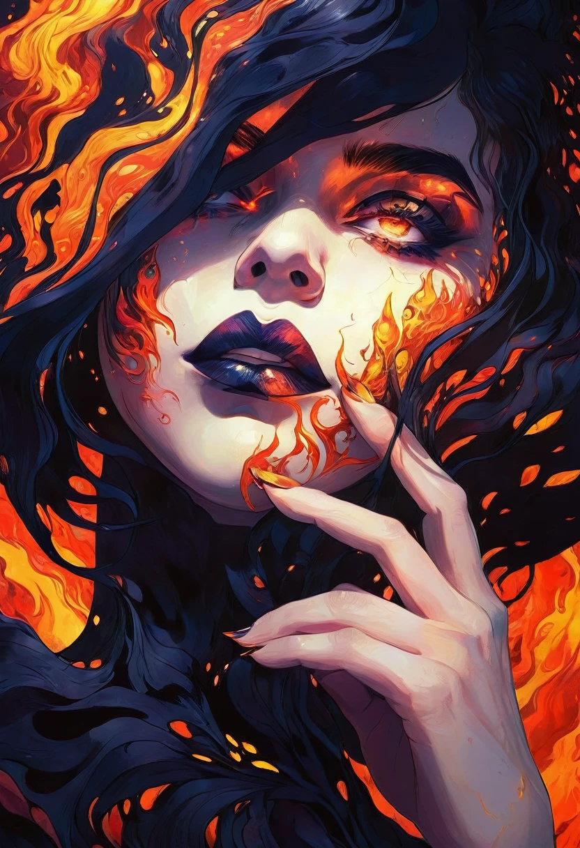 A girl with a body made of lava, featuring a Dracula Orchid pattern. (best quality, ultra-detailed), (realistic), vibrant colors, intense lighting, lava-like texture, hauntingly beautiful composition, surreal atmosphere, contrasting dark shadows, mesmerizing glow, detailed facial features, flowing lava tendrils, fiery eyes, ethereal presence, intricate floral patterns, mysterious aura." lava lady, street fighter style, 1girl, incredibly detailed, hyper realistic, highly detailed, incredibly sharp focus, cinematic lighting, volumetric lighting, dynamic pose, intense expression, rippling magma skin, molten rock body, glowing eyes, fire energy, dramatic smoke effects, neon cyberpunk city background, vibrant colors, cinematic camera angle