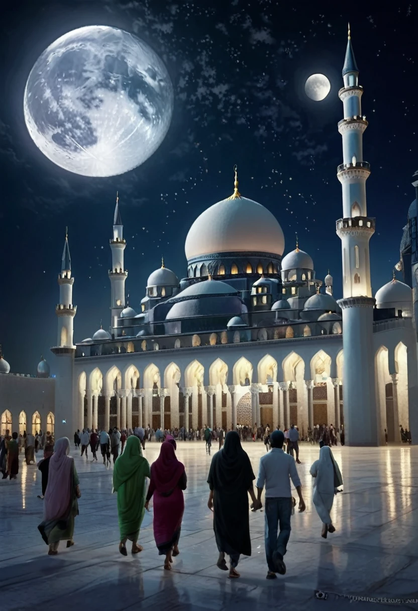 A group of people walking towards mosque ,night time,moon and stars in sky (miraculous),hyper realistic, HD,4k resolution,magical,positive vibe ,