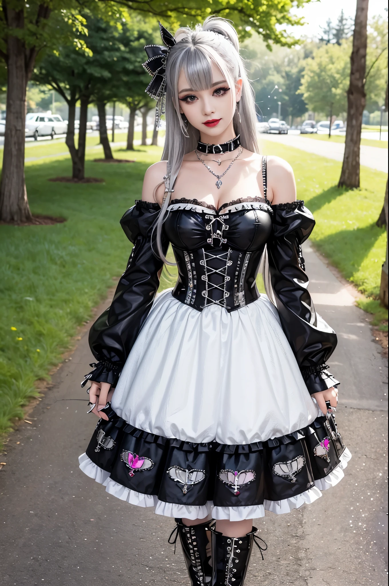 sexy German female model, only 1 female, ((doll-like appearance)), long colorful stylish hair, ((shiny Punk-Style boots)), (big smile), ultra detailed eyes, Punk makeup, lipgloss, ((sexy Punk Lolita cosplay)), unconventional skirt, petticoats, high neckline, ((ultra detailed lace)), ((ultra detailed embroidery)), intricate details, tartan patterns, (silver chains), (silver spikes), (safety pins), Punk Lolita accessoires, Punk Lolita choker, ((large sparkling Punk Lolita jewelry)), cinematic light, detailed large park background with trees 