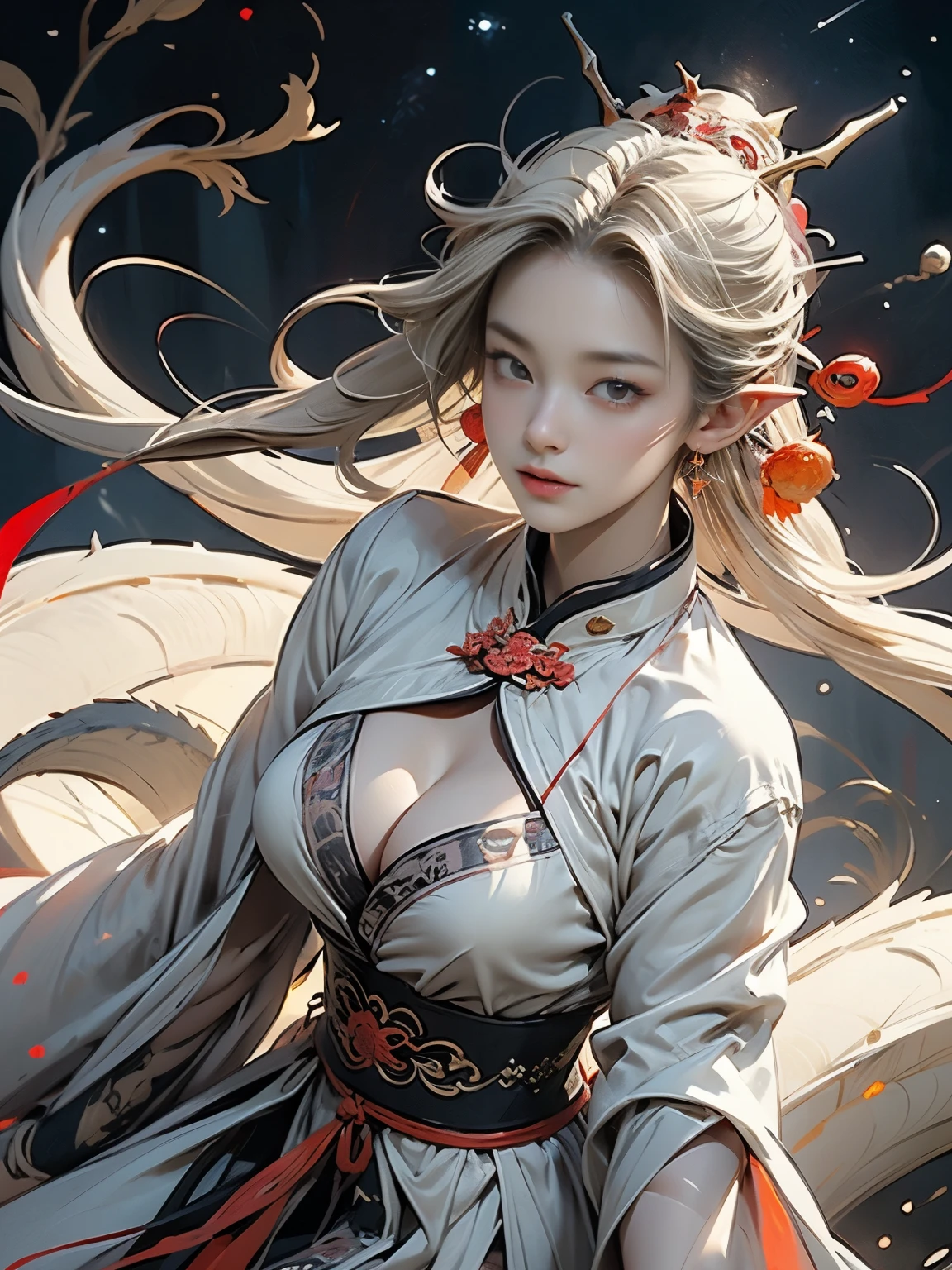 Zerg Queen Beautiful Girl: Ranlinger, 18 years old, (chinese princess:1.6), Messy Hair, oil, Romanticism painting, beautiful Perfect Face, Soft Skin, Perfect Face, Yasutomo Oka's painting style, Big firm Breasts, hard nipples, red long china dress, The chest of the dress is wide open, breasts exposed, cleavage is exposed, Add light purple and purple, Add Light Red, Intricate details, Splash screen, 8K resolution, masterpiece, viewer looking up her from ground, Serious, Sharp Eyes, Break, white Blonde, dynamic sexy poses, sweat, long red cape, (mysterious magic circle background, universe, stars, colorful star lights:1.3), Colorful background, universe, aurora, Sharp Eyes, Break, white Blonde, Strong winds, Colorful light, (red dragon:1.4)