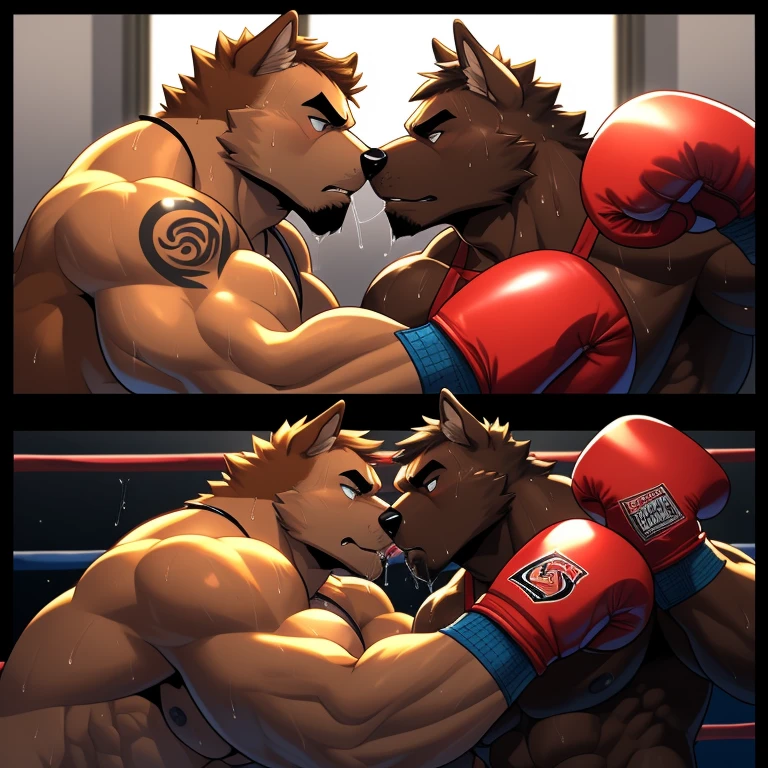 Duo male(Brown Dog vs Brown Dog, handsomes, perfect eyes, Thick eyebrows), gay(cuddling embraced lying down, kissing each other saliva, full body on body, stroking body, in a bed match), hot(Shirtless), handsomes(They are handsomes, correct anatomy), musculosos(Big muscle bodies, Six packs, muscle abs, big pecs, muscle backs), sweaty(very sweaty wet bodies, shiny sweat), tatuajes(they have tattoos), Angry(They have an angry expression), Boxing gloves(They both are wearing red boxing gloves), boxing outfit(both are wearing boxing gear), comic panels, Hight resolution