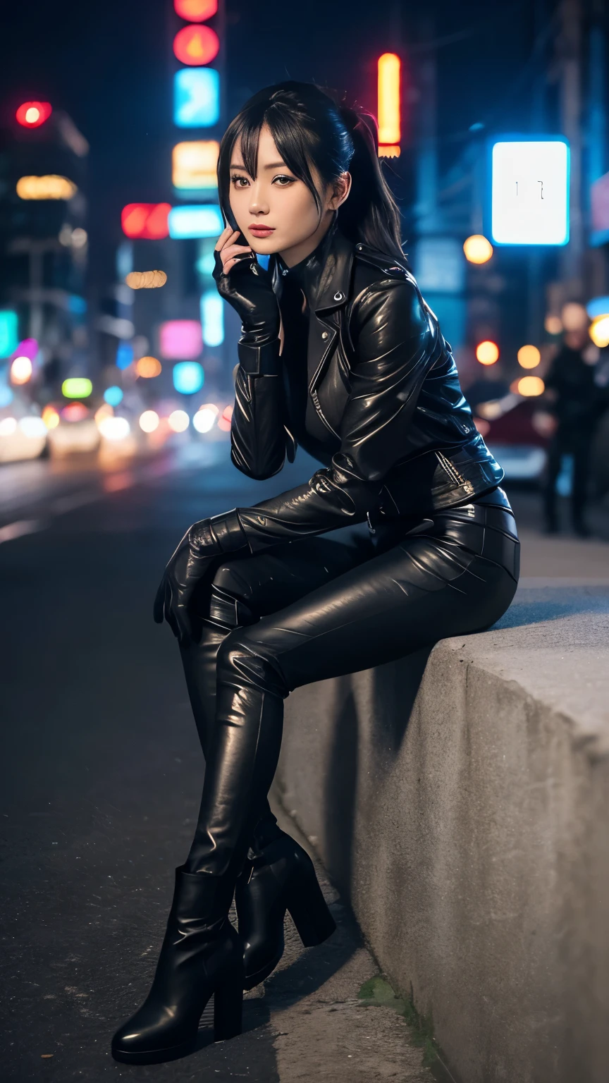 black leather rider jacket, Office in the Dark, Black leather gloved fingertips on both hands,Wearing black leather gloves,Sitting in a black leather chair、 Japanese female new recruits (Black leather gloves cover both hands) (The angle is horizontal)、Black Leather Pants,Black Leather Black Leather Pants,Black Leather Skinny Pants、Long black leather boots on both feet、Black hair ponytail ((He wears black leather gloves on his hands))Full Body Photo,full body shot full body full body leather suit,☺If you turn in this direction。Wearing black leather gloves,Wearing black leather gloves,Wearing black leather gloves,Wearing black leather gloves,Wearing black leather gloves,Wearing black leather gloves,黒のレザーパンツが美しい😍黒のレザーパンツが美しい😍黒のレザーパンツが美しい,😍Smiling while looking at me,City lights、((Neon Cyberpunk City Street:1.3))、(Neon Light)、Detailed lighting、
Best image quality、Ultra-high resolution、(realism:1.4)、Korean Beauty Star、The most beautiful KPOP stars、face、Horny Korean Makeup、A body that makes you want to touch it、Realistic leather texture、Costume made of smooth leather fabric、The drape of the curved parts of the leather fabric、The costume is very shiny、Quality of the costume、8K Photo Quality