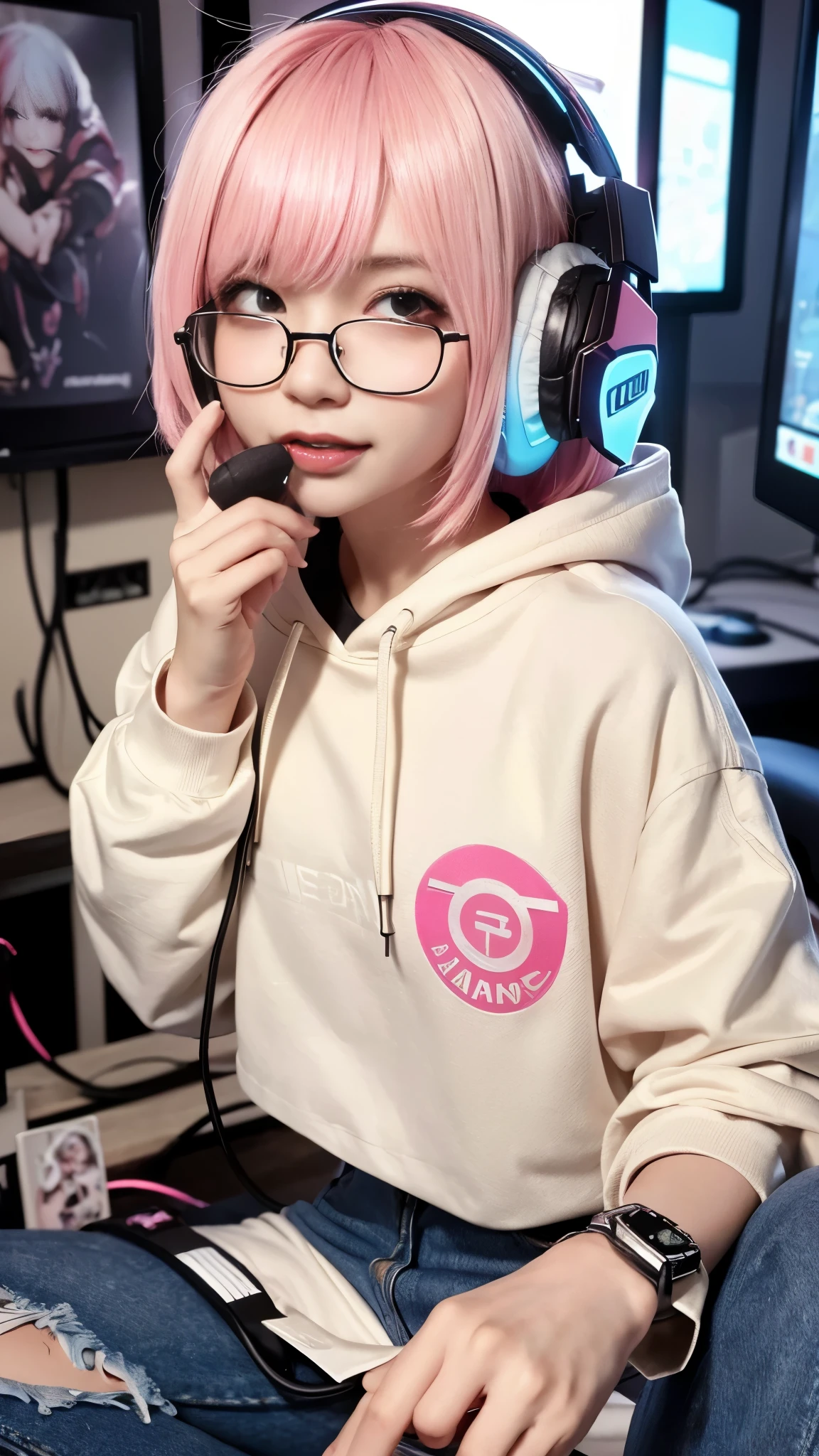 (8K, top-quality, masterpiece:1,2), (reallistic, Photorealsitic:1.37), Super Detail, One girl,), (Highly detailed), (beautifully detailed eyes), (of the highest quality), (super detailed ), (masterpiece), (Detailed face),20yr old, ,1 girl, ((pink hair,Very short hair)), medium breasts, clothed, Perfect Lighting,  (beige hoodie:1.3), (hood on:1.2), (gaming logo t-shirt:1.4), (ripped jeans:1.3), (sneakers:1.2), (gaming headset:1.4), (glasses:1.2), BREAK bangs on left side, no hair accessories, smiling, sparkling eyes, tongue out slightly, confident and fun, right hand holding up gaming headset mic, left hand pulling gaming logo t-shirt, shoulders up slightly, casual and pop, upper body only, face front, blurred background, messy room with gaming PC, monitor, keyboard, mouse, posters and stickers of games on wall, colorful and lively, contrast of natural and artificial light, sunlight from window, gaming devices glowing, bright pink hair and baggy clothes, dark gaming logo t-shirt, balance of light and shadow
