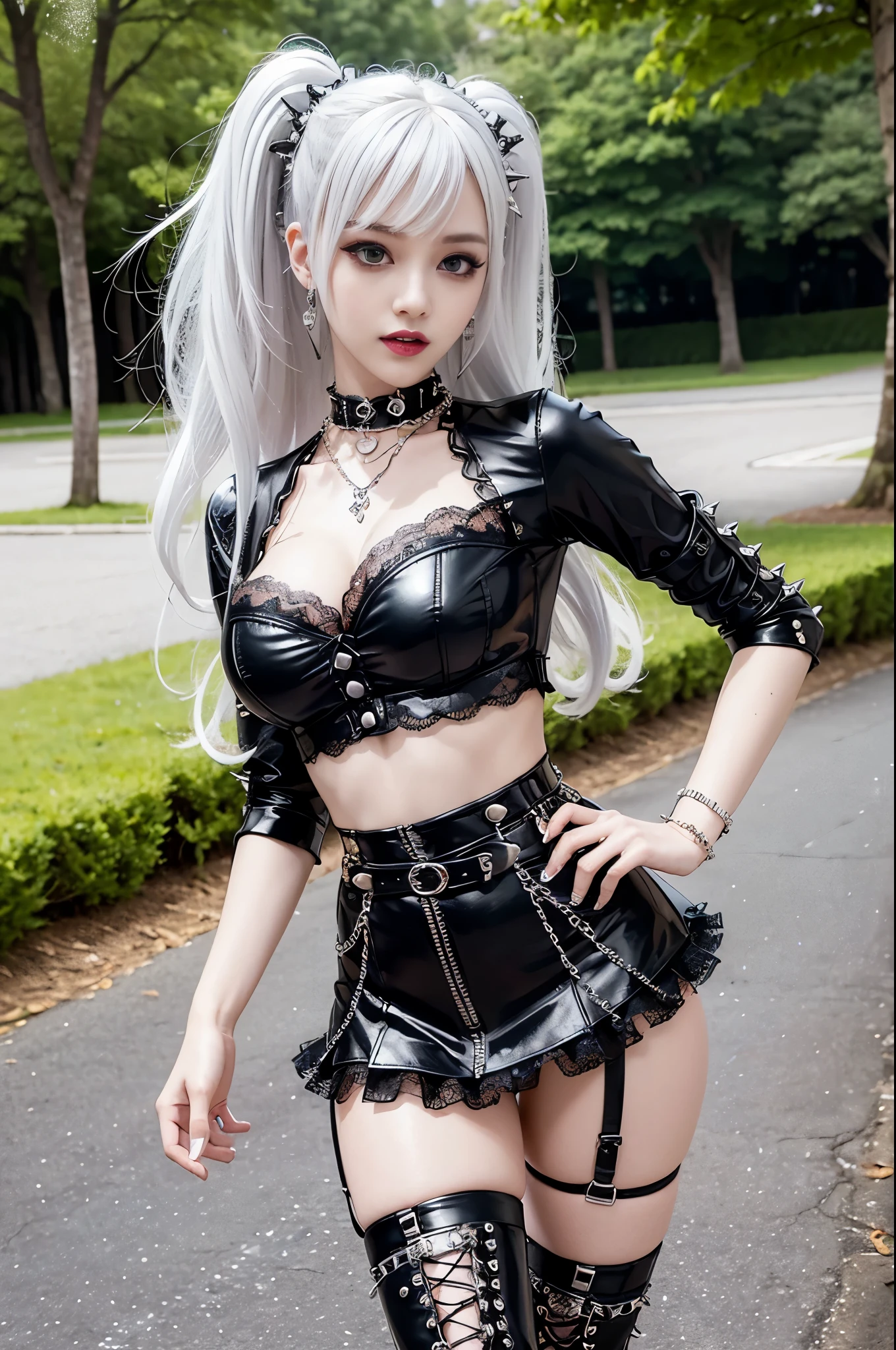 sexy stylish female model, only 1 female, ((doll-like appearance)), long multicolor stylish hair, ((shiny Punk-Style boots)), (big smile), ultra detailed eyes, Punk makeup, lipgloss, ((sexy Punk ta cosplay)), unconventional skirt, petticoats, high neckline, ((ultra detailed lace)), ((ultra detailed embroidery)), intricate details, tartan patterns, (silver chains), (silver spikes), (safety pins), Punk Loliccessoires, Punk Lolita cr, ((large sparkling Punk Lolita jewel, cinematic light, detailed large park background with trees