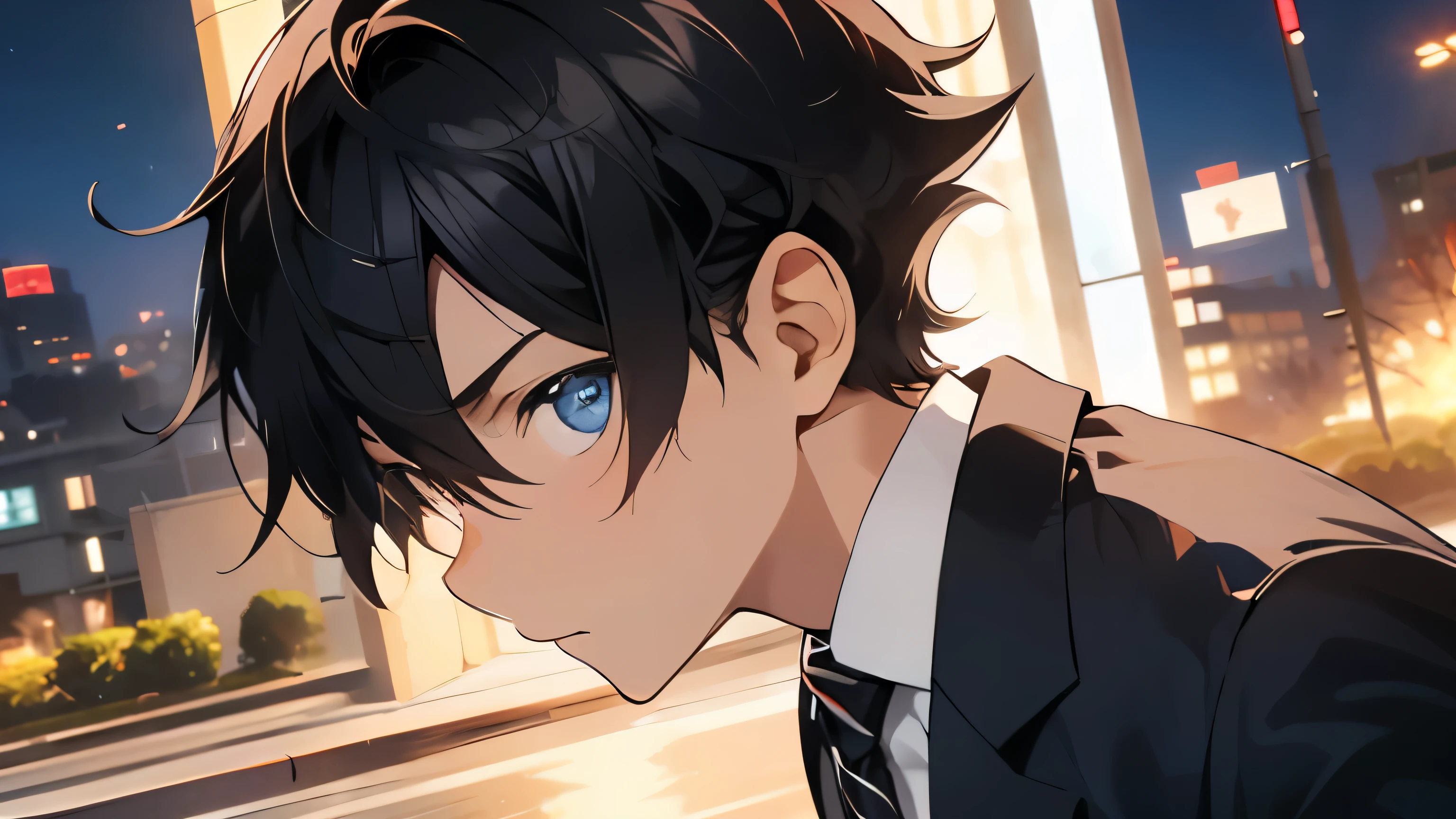 25 year old male、hair is black、short hair、25 year old male office worker、suit、night、running、close up of face、