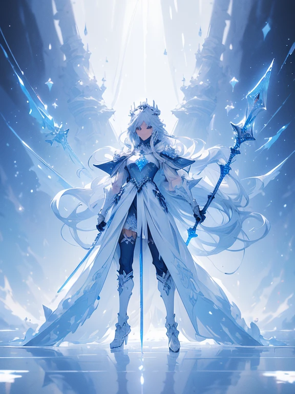 (((masterpiece, best quality, 8k))) Design a layout showcase Gaming character, (1girl),((perfect face, high detailed face)). Blue+White clothes, icy and pristine, ((showcase weapon:1.4)), ice staff, (masterpiece:1.2), (best quality), 4k, ultra-detailed, (Step by step design, layout art:1.5), (frosty lighting, chilling atmosphere), ice mage, ((fur gloves)), (((revealing gown:1.3))), ice vambraces, fur-trimmed boots, (((full_body_shot:1.4)))