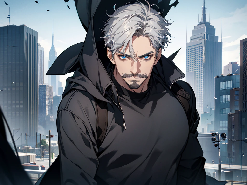 1 man with grey mustache, grey hair, short hair, blue eye color, wearing black tshirt with coat, cool facial expression,  face to detail, detailed eyes, perfect hands, standing, the background is destroyed city, half-body illustration