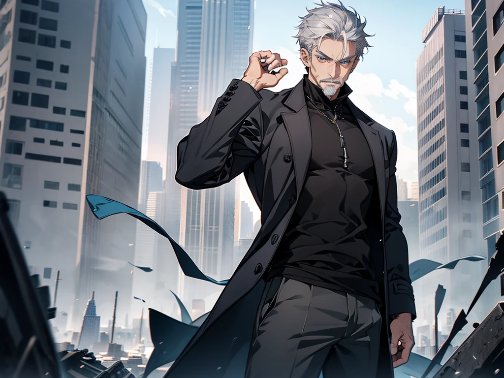 1 man with grey mustache, grey hair, short hair, blue eye color, wearing black tshirt with coat, cool facial expression,  face to detail, detailed eyes, perfect hands, standing, the background is destroyed city, half-body illustration