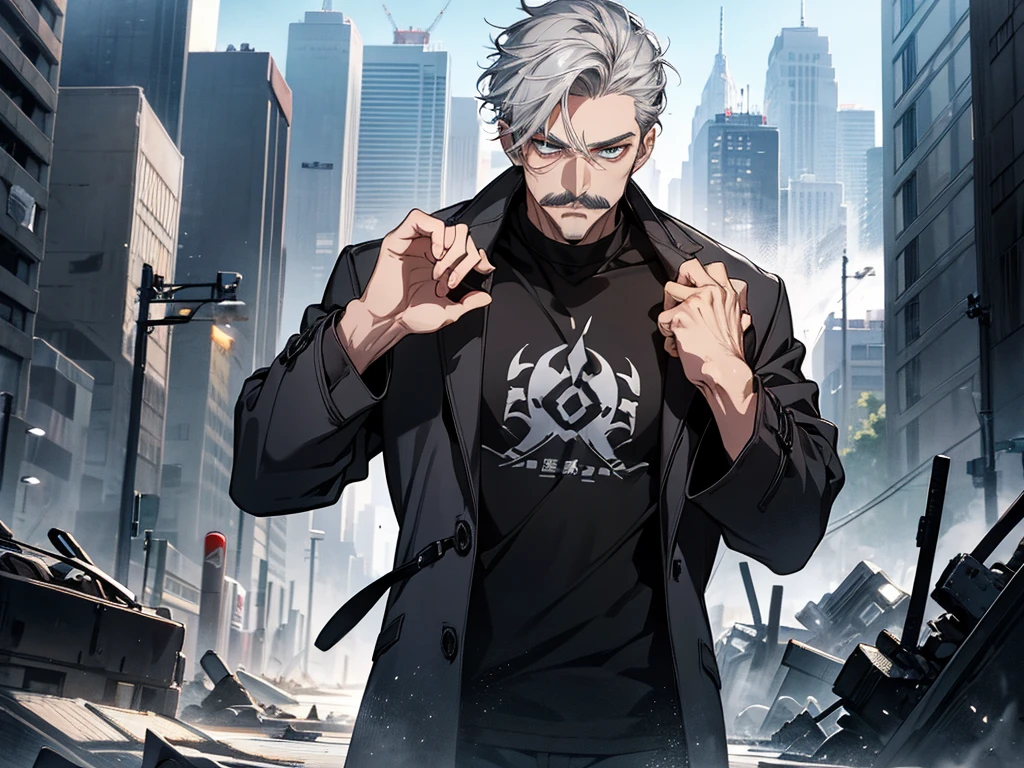 1 man with grey mustache, grey hair, short hair, blue eye color, wearing black tshirt with coat, cool facial expression,  face to detail, detailed eyes, perfect hands, standing, the background is destroyed city, half-body illustration