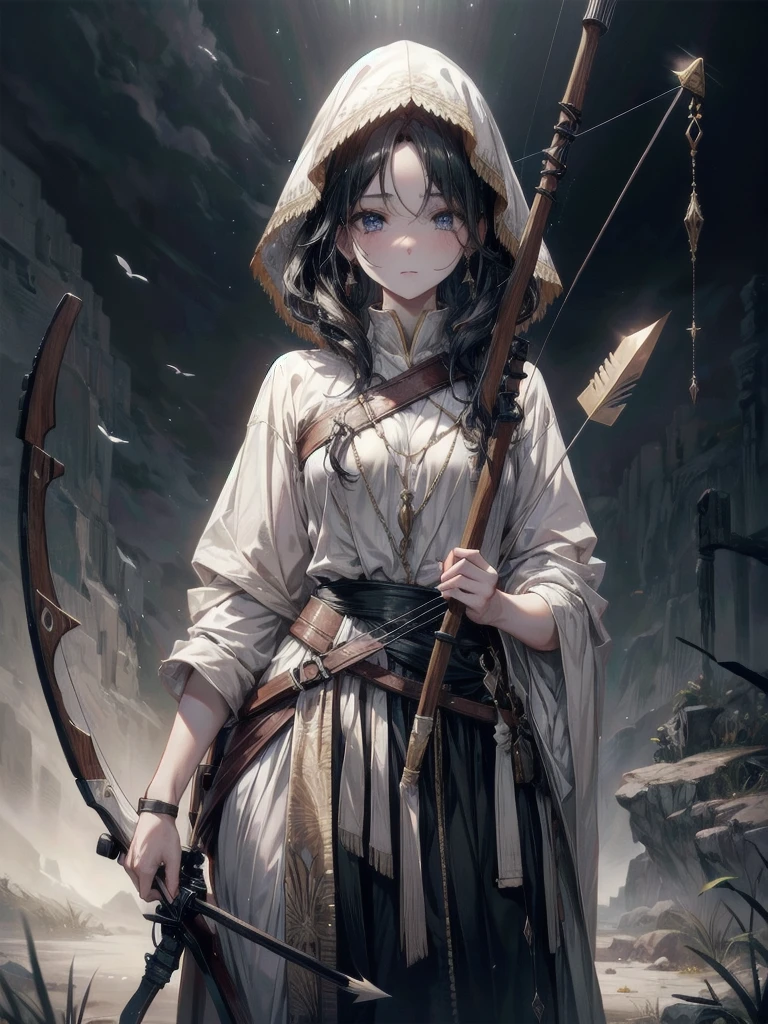 whole body, compound bows, arrow, hunter costume, absurdres, RAW photo, extremely delicate and beautiful, masterpiece, Best Quality, ultra high resolution, 32k, hyperrealistic, ultra-detailed, perfect figure, perfect shape, detailed v, pale skin, 20 years old, detailed beautiful face and eyes, tearful mole, earring, short medium hair, wavy hair, black hair,