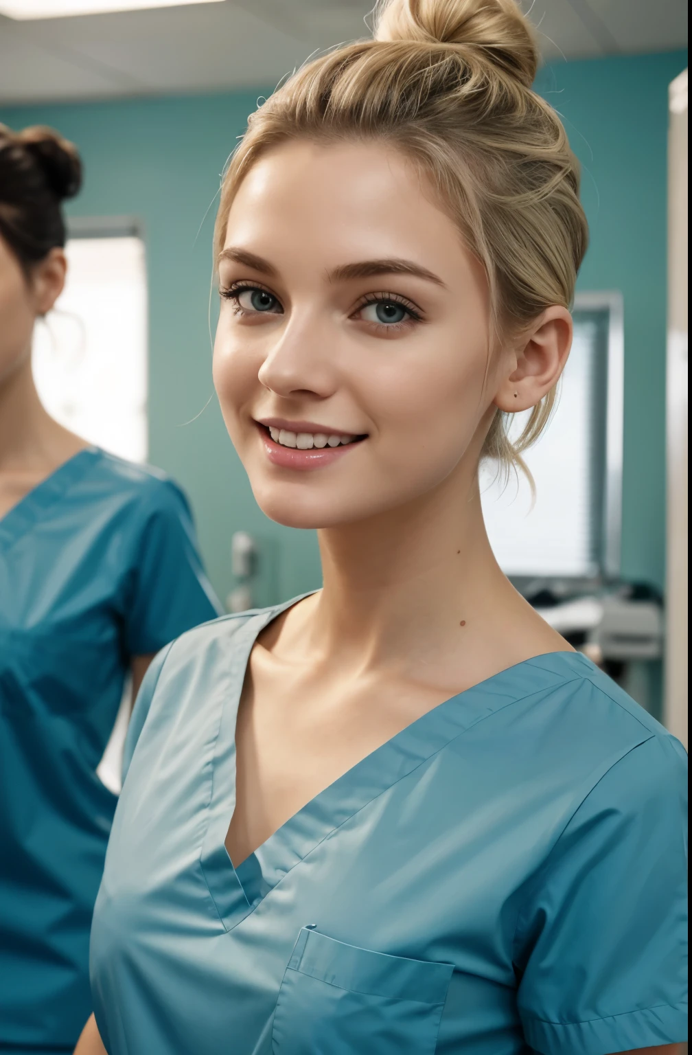 Ultra realistic, Cinematic, team of 3 surgical nurses, 3 swedish teeanger girls, blonde hair all girls standing, working in surgery, , body, pale skin, beautiful face, big smile, detailed face, ultra soft and ultra light slight small teal women hospital scrubs, teal hospital scrubs, wide angle showing full body, hospital ward, people, bokeh, short hair tied up as hair bun / Chignon