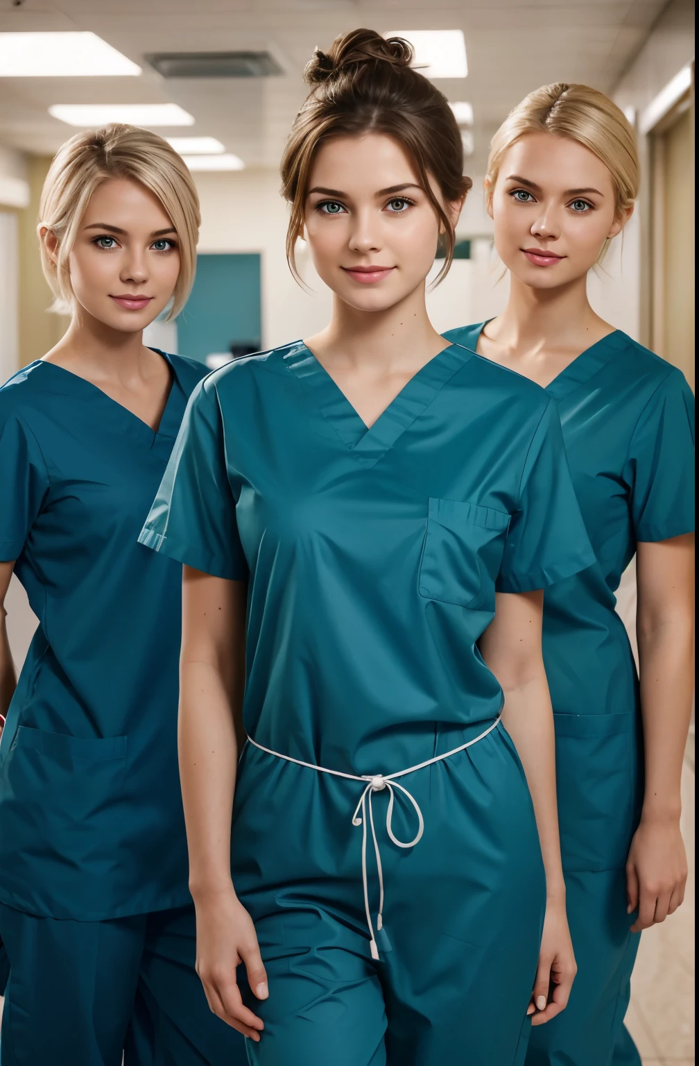 Ultra realistic, Cinematic, team of 3 surgical nurses, 3 swedish teeanger girls, blonde hair all girls standing, working in surgery, 17 years old,  body, pale skin, beautiful face, big smile, detailed face, ultra soft and ultra light slight small teal women hospital scrubs, teal hospital scrubs, wide angle showing full body,  hospital ward, people, bokeh, short hair tied up as hair bun / Chignon