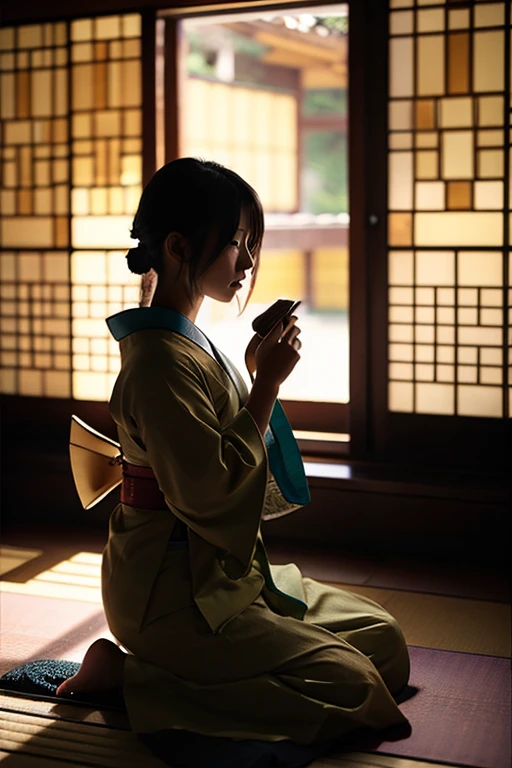 girl、kimono、Unbuttoned、girl座り、Tatami room、Powder、Shoji screen、tatami、Dark atmosphere