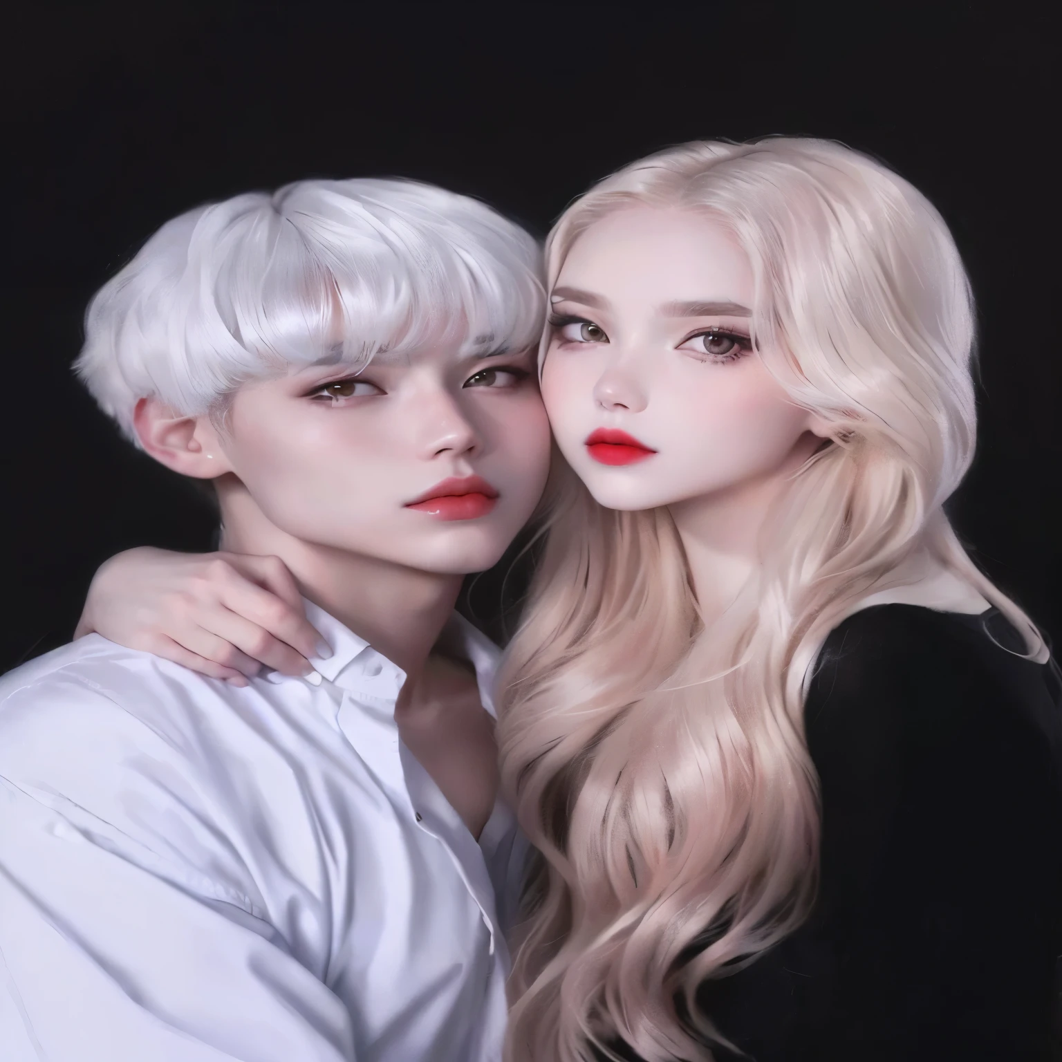 a close up of a person with a pelo blanco and a person with a red lipstick, with long pelo blanco, con el pelo largo y blanco, pelo blanco color, intense pelo blanco, pelo blanco, pelo blancoed, silver pelo blanco, kim doyoung, blanco - pelo rubio, de pelo blanco, ulzzang, pareja adorable, cloud-like pelo blanco