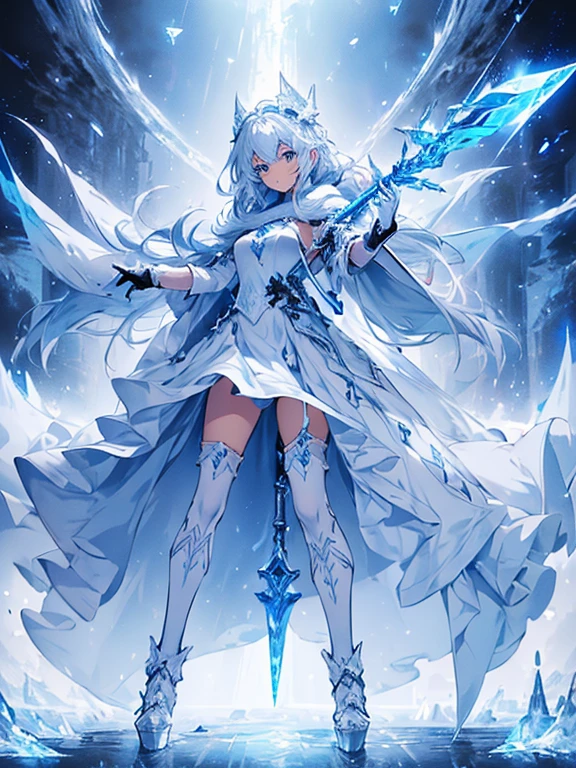 (((masterpiece, best quality, 8k))) Design a layout showcase Gaming character, (1girl),((perfect face, high detailed face)). Blue+White clothes, icy and pristine, ((showcase weapon:1.4)), ice staff, (masterpiece:1.2), (best quality), 4k, ultra-detailed, (Step by step design, layout art:1.5), (frosty lighting, chilling atmosphere), ice mage, ((fur gloves)), (((revealing gown:1.3))), ice vambraces, fur-trimmed boots, (((full_body_shot:1.4)))