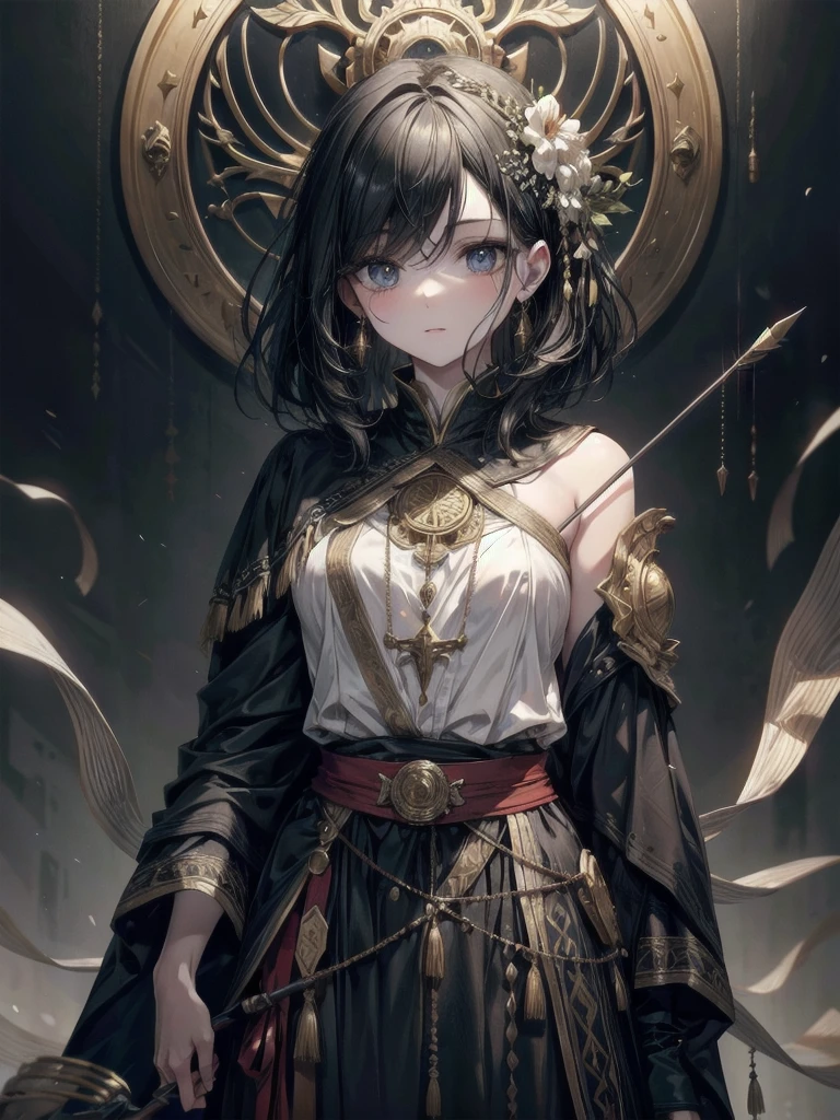 whole body, compound bows, arrow, hunter costume, absurdres, RAW photo, extremely delicate and beautiful, masterpiece, Best Quality, ultra high resolution, 32k, hyperrealistic, ultra-detailed, perfect figure, perfect shape, detailed description, pale skin, 20 years old, detailed beautiful face and eyes, tearful mole, earring, short medium hair, wavy hair, black hair,