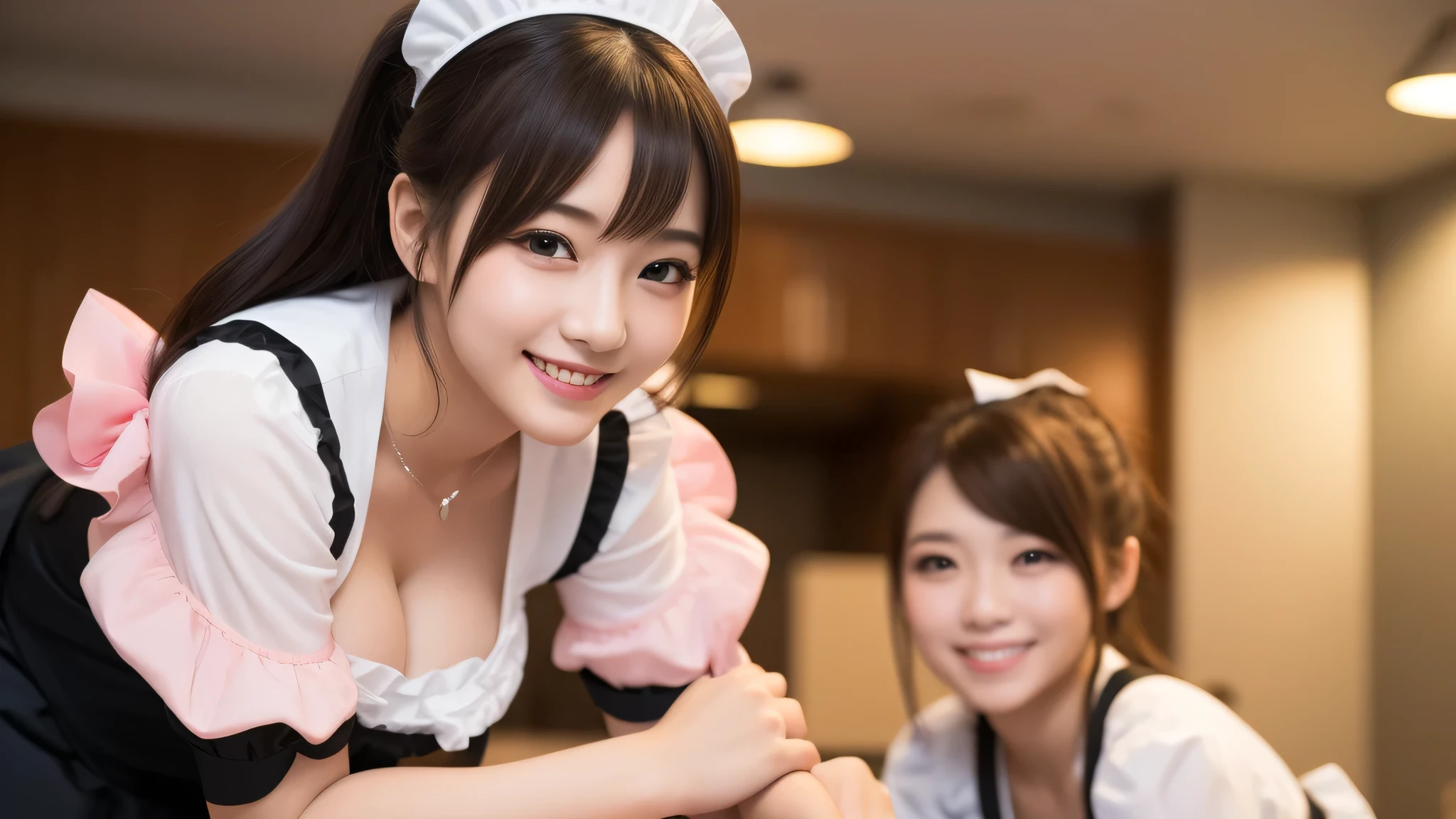 (2girl), kawaii face, (cute smile:1.2), (maid cafe pink costume, costume with frills, mini skirt), (best Quality:1.4), (hyper-realistic, hight resolution), Professional Photography, standing, Indoor, (maid cafe), Close up portrait of girl, staring at me, cleavage, (Fine face:1.2), 