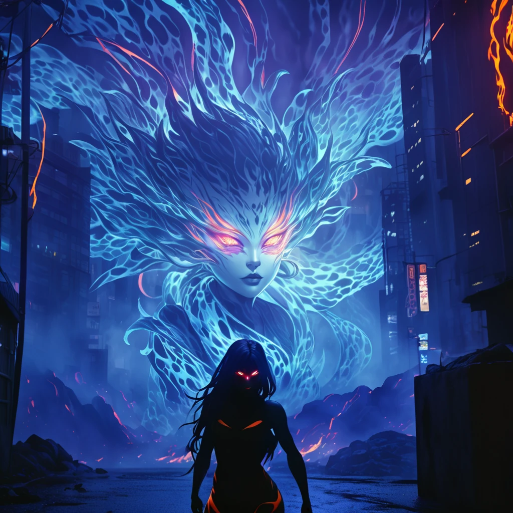 A girl with a body made of lava, featuring a Dracula Orchid pattern. (best quality, ultra-detailed), (realistic), vibrant colors, intense lighting, lava-like texture, hauntingly beautiful composition, surreal atmosphere, contrasting dark shadows, mesmerizing glow, detailed facial features, flowing lava tendrils, fiery eyes, ethereal presence, intricate floral patterns, mysterious aura." lava lady, street fighter style, 1girl, incredibly detailed, hyper realistic, highly detailed, incredibly sharp focus, cinematic lighting, volumetric lighting, dynamic pose, intense expression, rippling magma skin, molten rock body, glowing eyes, fire energy, dramatic smoke effects, neon cyberpunk city background, vibrant colors, cinematic camera angle