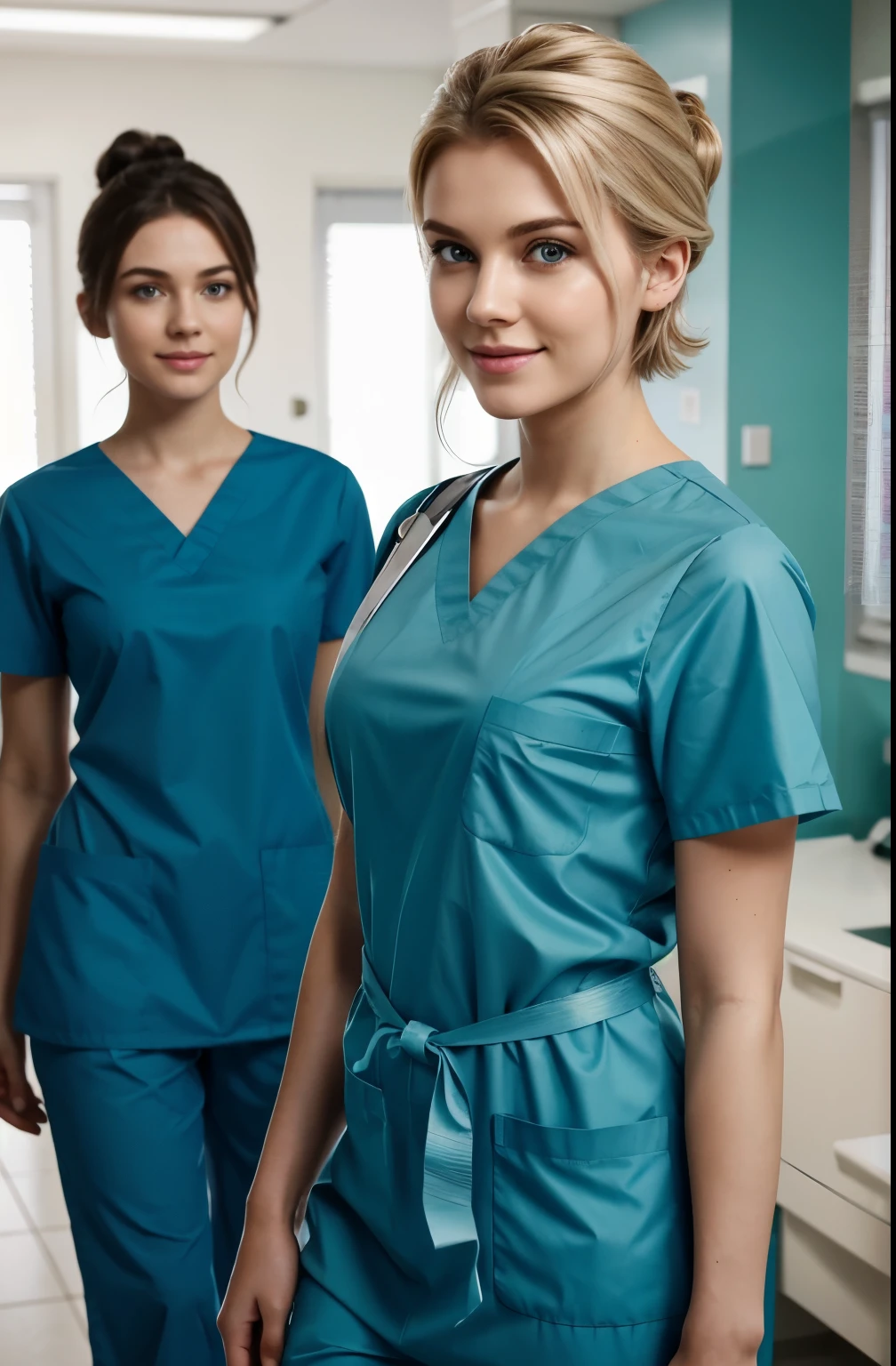 Ultra realistic, Cinematic, team of 3 surgical nurses, 3 swedish teeanger girls, blonde hair all girls standing, working in surgery, , body, pale skin, beautiful face, big smile, detailed face, ultra soft and ultra light slight small teal women hospital scrubs, teal hospital scrubs, wide angle showing full body, hospital ward, people, bokeh, short hair tied up as hair bun / Chignon