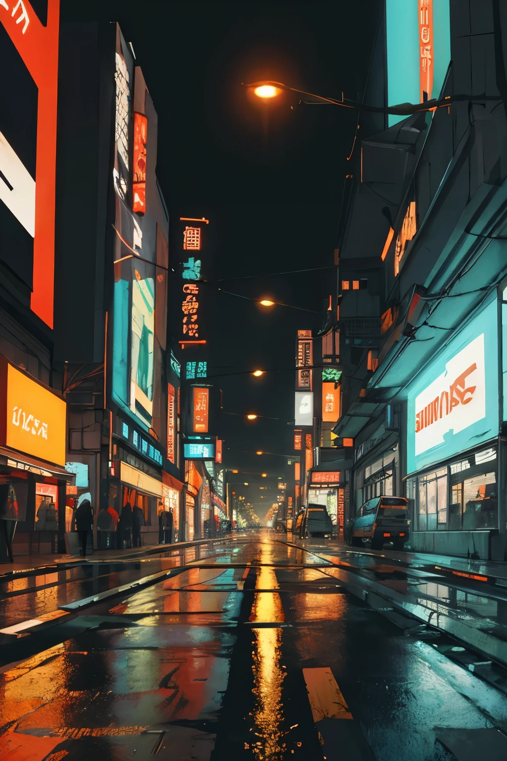 ((best quality)), ((masterpiece)), (detailed), no people, cyberpunk, empty streets, neon signboard, broken signboard, night, heavy rain, puddles, a lot of orange colour